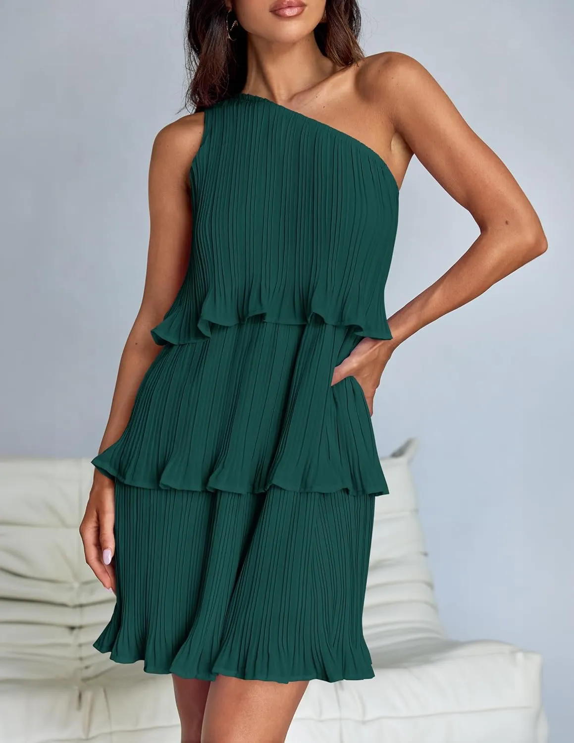 ZESICA Women's 2025 Summer Sleeveless Mini Dress Boho One Shoulder Ruffle Tiered Layered Chiffon Flowy A Line Dresses