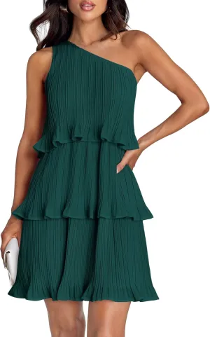 ZESICA Women's 2025 Summer Sleeveless Mini Dress Boho One Shoulder Ruffle Tiered Layered Chiffon Flowy A Line Dresses