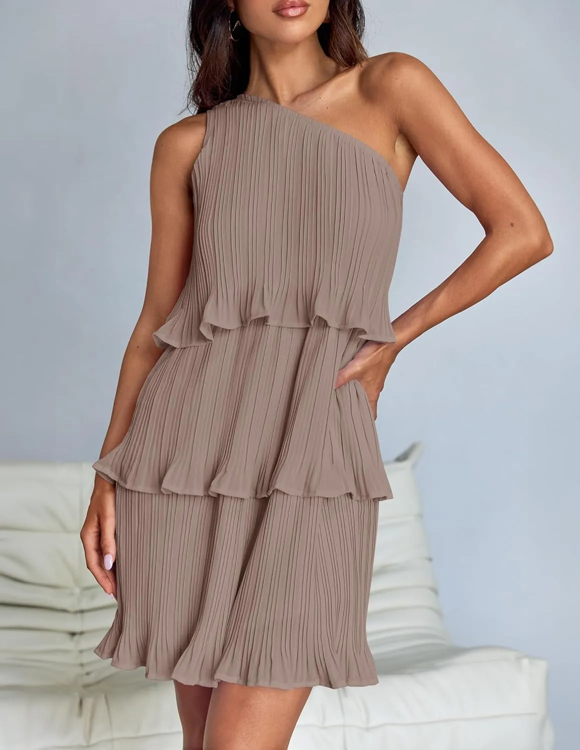 ZESICA Women's 2025 Summer Sleeveless Mini Dress Boho One Shoulder Ruffle Tiered Layered Chiffon Flowy A Line Dresses