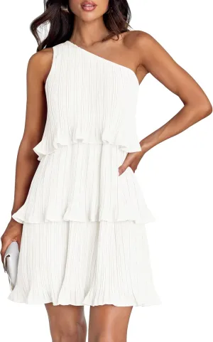 ZESICA Women's 2025 Summer Sleeveless Mini Dress Boho One Shoulder Ruffle Tiered Layered Chiffon Flowy A Line Dresses