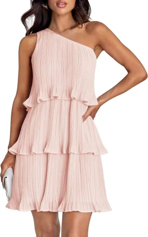 ZESICA Women's 2025 Summer Sleeveless Mini Dress Boho One Shoulder Ruffle Tiered Layered Chiffon Flowy A Line Dresses