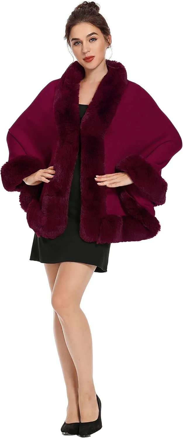 ZLYC Women Winter Faux Fur Shawl Stole Warm Wrap Cape